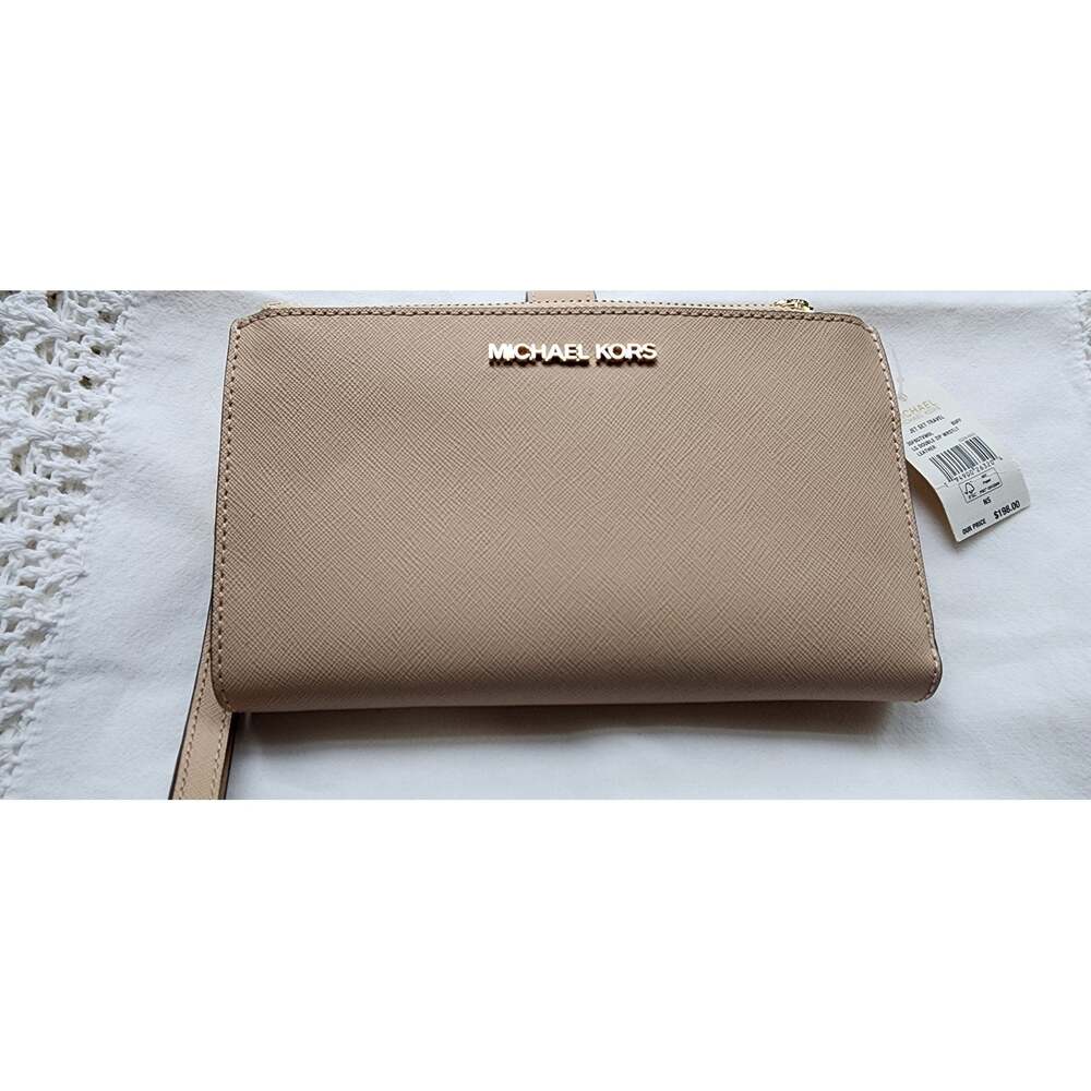 Michael Kors Jet Set Travel Large Double Zip Leather Wristlet Wallet Buff NWT
